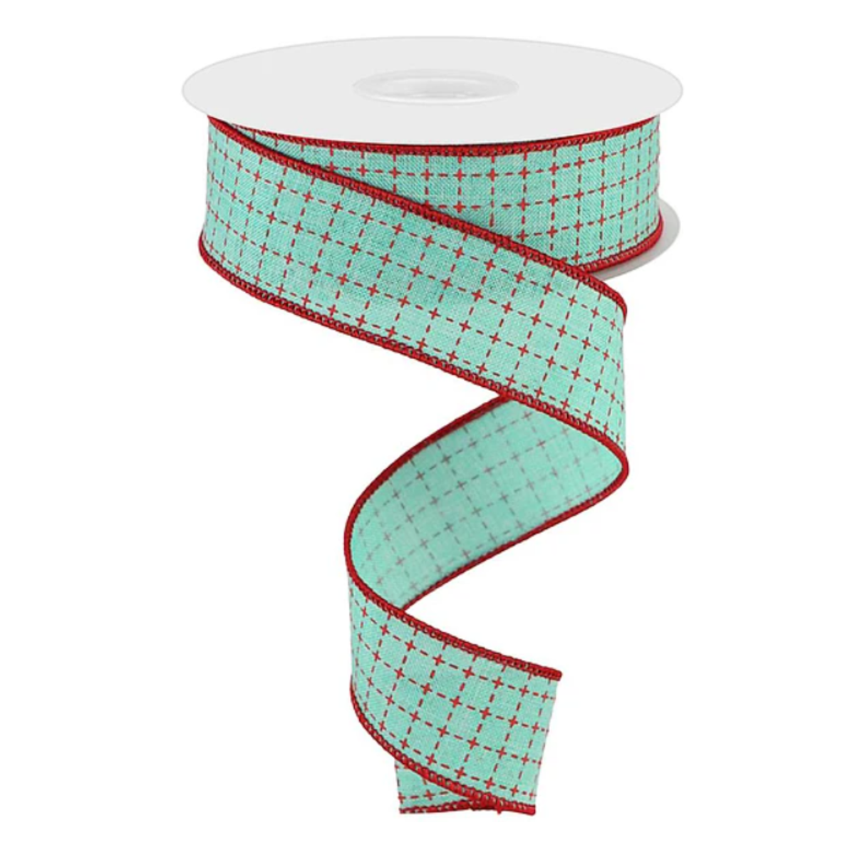 Raised Stitched Squares Aqua Red Wired Ribbon  – 1.5" x 10 yards