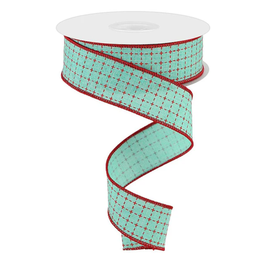 Raised Stitched Squares Aqua Red Wired Ribbon  – 1.5" x 10 yards