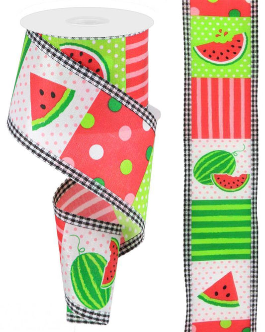 Watermelon Block Gingham Edge Wired Ribbon – 2.5" x 10 Yards, Summer Wreath Ribbon, Craft Supplies
