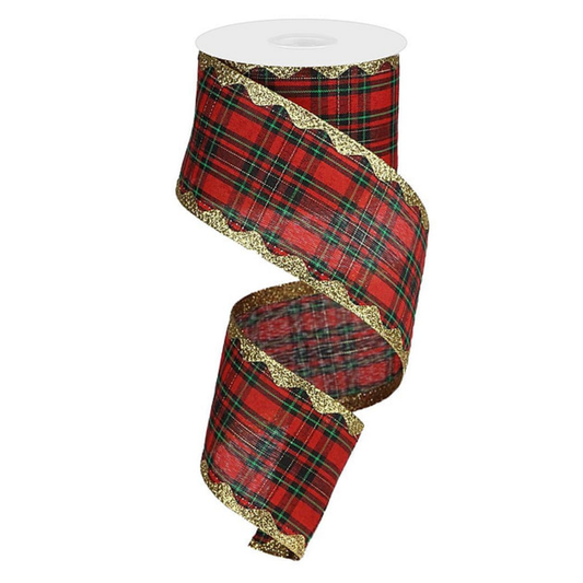 Metallic Tartan Plaid with Gold Scallop Edge Wired Ribbon – 2.5" x 10 Yards, Wreath Ribbon