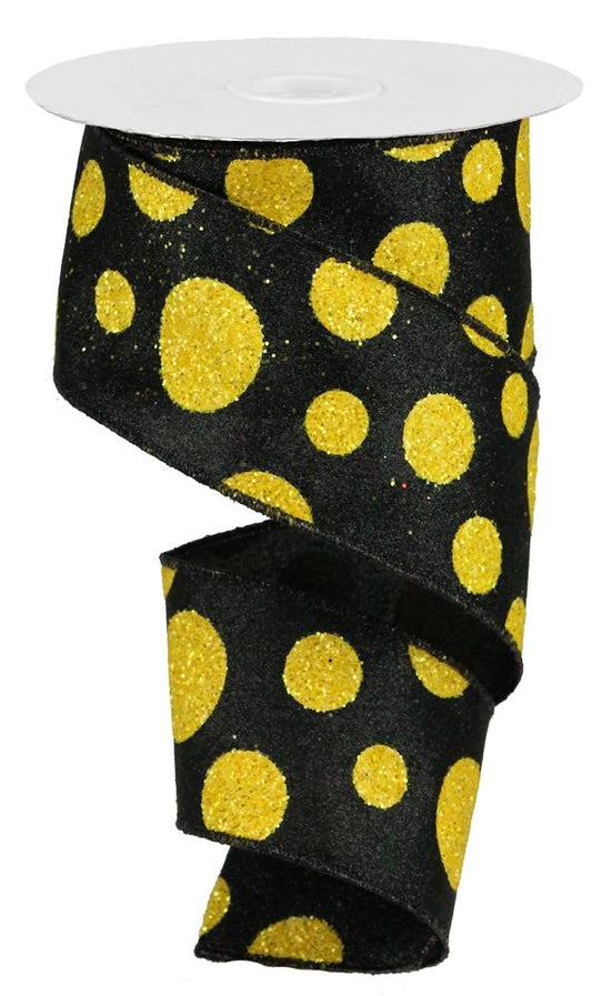 Giant Black and Yellow Polka Dot Wired Ribbon by RG Ribbon – 2.5" x 10 Yards, Wreath Ribbon,  Craft Supplies, Whimsical Ribbon