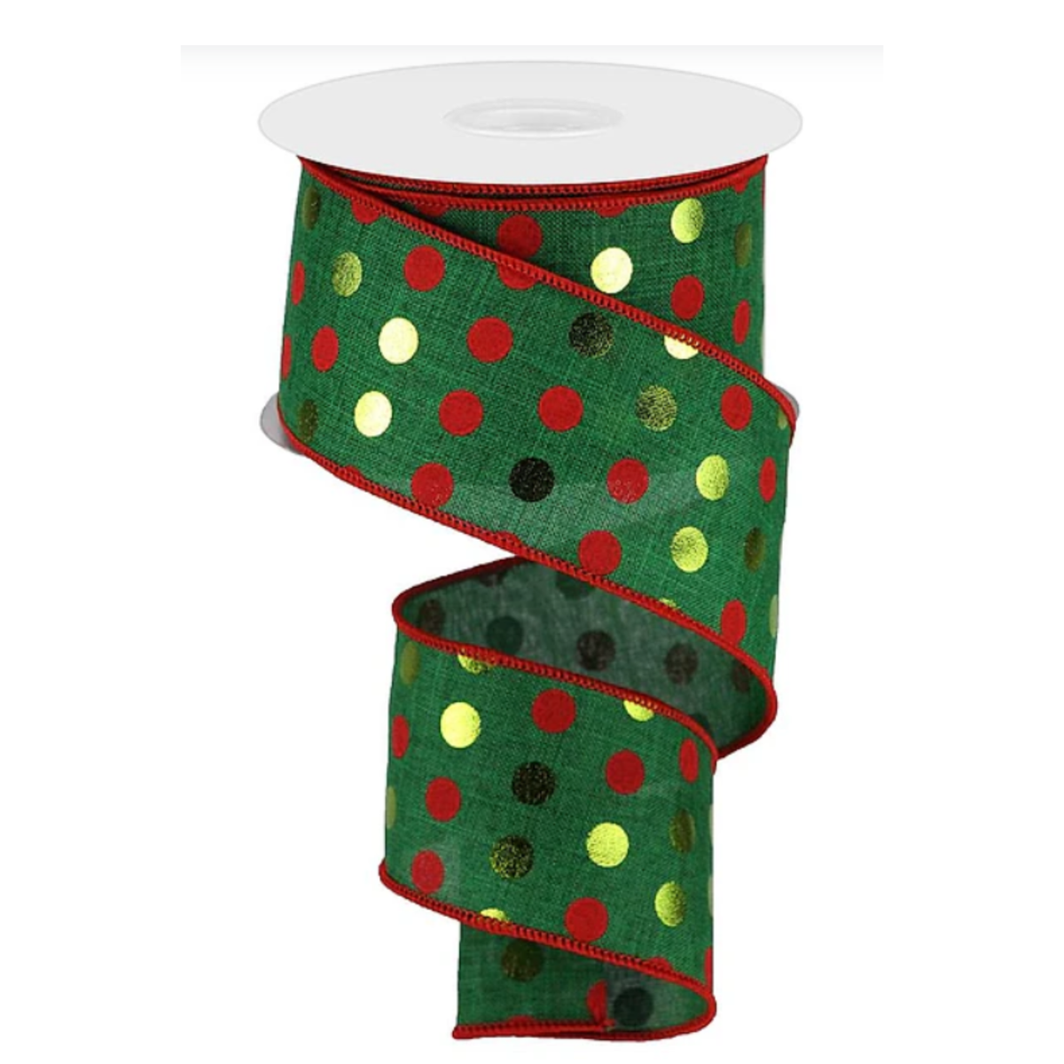 Metallic Dots on Royal Red Green Gold Wired Ribbon – 2.5" x 10 Yards, Wreath Ribbon