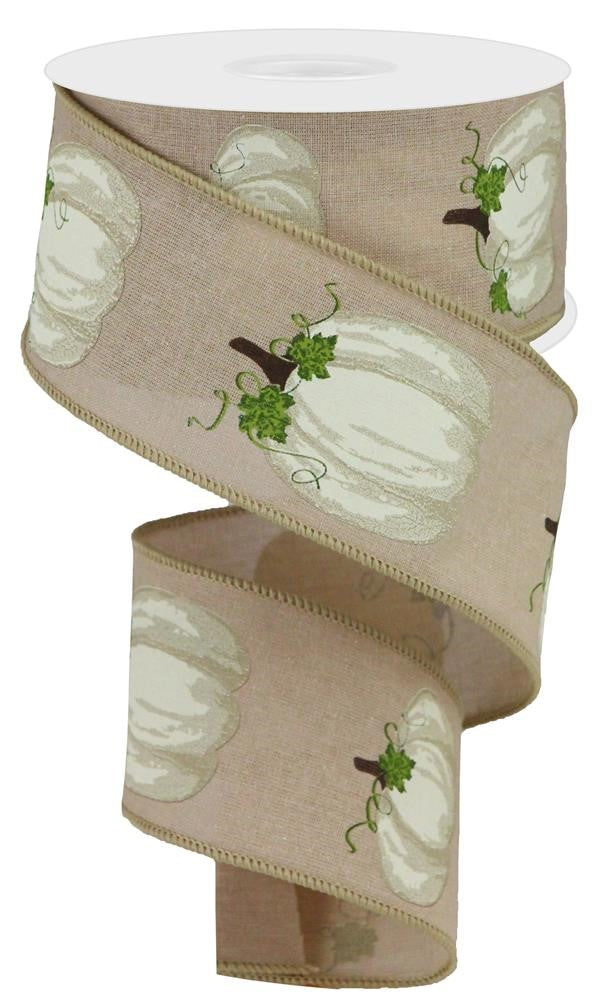 Tan Base Cream Pumpkins Fall Wired Ribbon by RG Ribbon – 2.5" x 10 Yards, Fall Wreath Ribbon, Craft Supplies