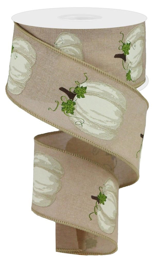 Tan Base Cream Pumpkins Fall Wired Ribbon – 2.5" x 10 Yards, Fall Wreath Ribbon, Craft Supplies