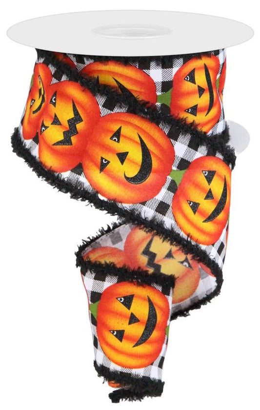 Jack O Lantern Pumpkin with Black Drift Edge Wired Ribbon by RG Ribbon – 2.5" x 10 Yards, Halloween Wreath Ribbon, Craft Supplies