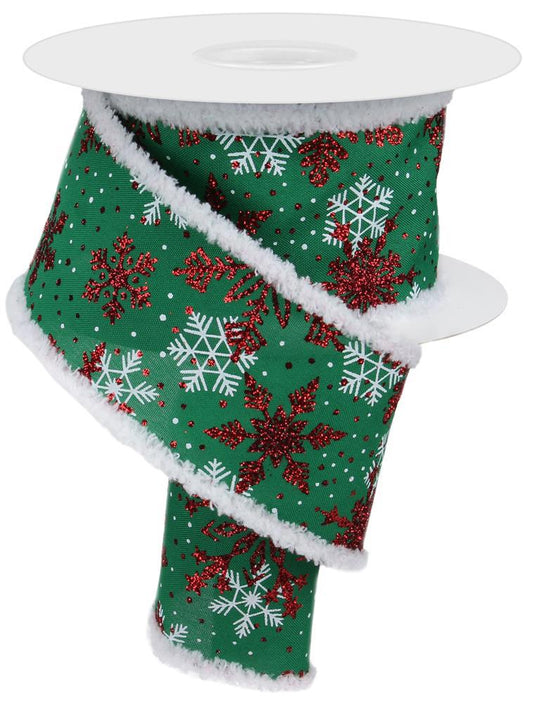 Multi Snowflake Drift Edge Green and Red Wired Ribbon by RG Ribbon – 2.5" x 10 Yards, Holiday Wreath Ribbon,  Craft Supplies, Winter Ribbon