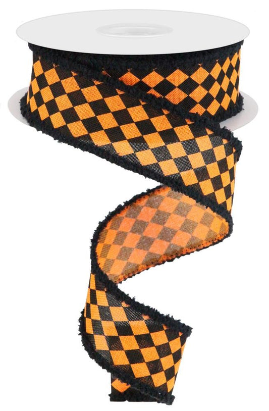 Small Harlequin Orange and Black with Drift Edge wired Ribbon – 1.5" x 10 Yards, Halloween Wreath Ribbon, Craft Supplies, Fall Ribbon