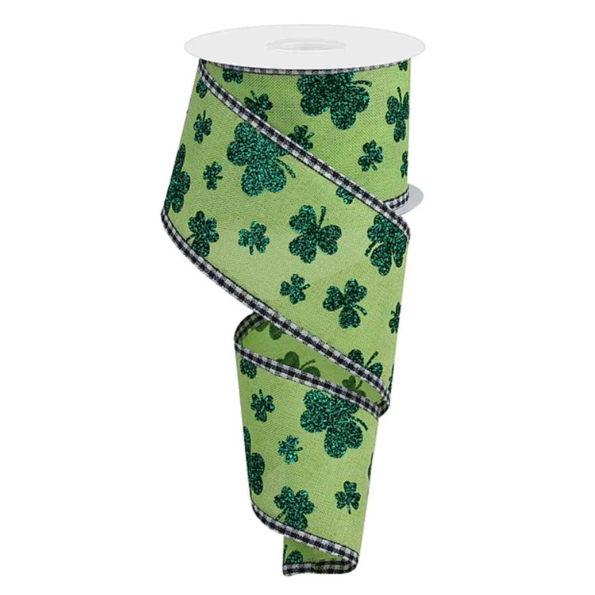 Glitter Shamrocks Gingham Trim Wired Ribbon – 2.5" x 10 Yards, Wreath Ribbon