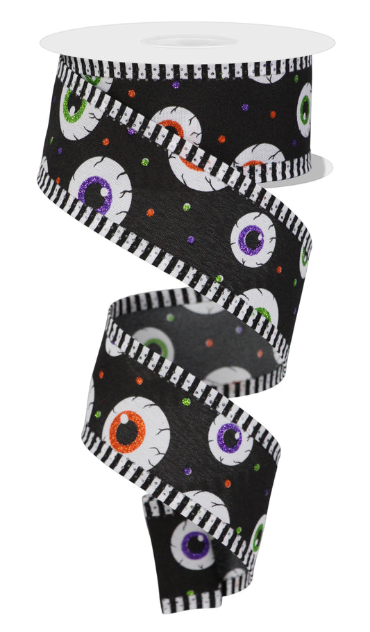 Halloween Eye Ball Striped Edge Wired Ribbon by RG Ribbon – 1.5" x 10 Yards, Halloween Wreath Ribbon, Craft Supplies, Fall Ribbon
