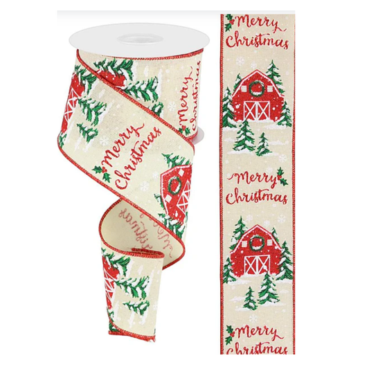 Christmas Barn On Royal Wired Ribbon – 2.5" x 10 Yards, Wreath Ribbon