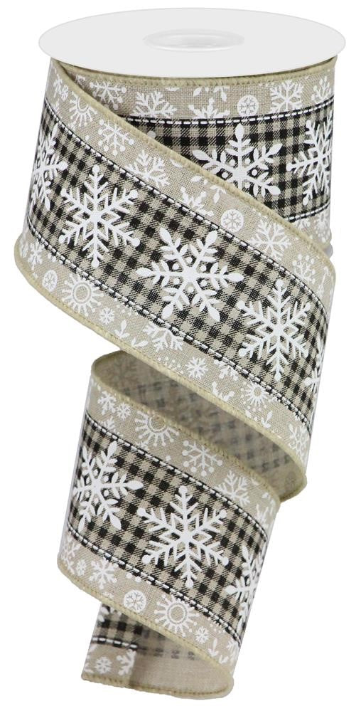 Snowflake on Check Country  Christmas Wired Ribbon  – 2.5" x 10 Yards, Holiday Wreath Ribbon,  Craft Supplies, Winter Ribbon
