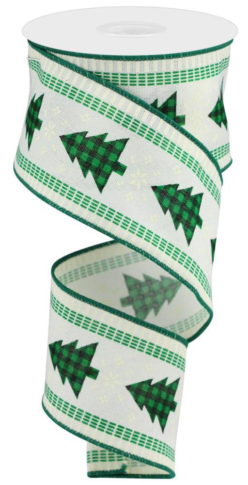 Christmas Tree Striped Edge Green White Wired Ribbon– 2.5" x 10 Yards, Holiday Wreath Ribbon,  Craft Supplies, Winter Ribbon