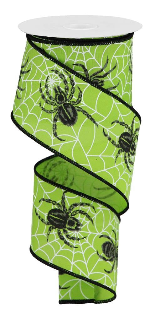 Black Spider & Webs on Lime Green Background Wired Ribbon by RG Ribbon – 2.5" x 10 Yards, Halloween Wreath Ribbon, Craft Supplies