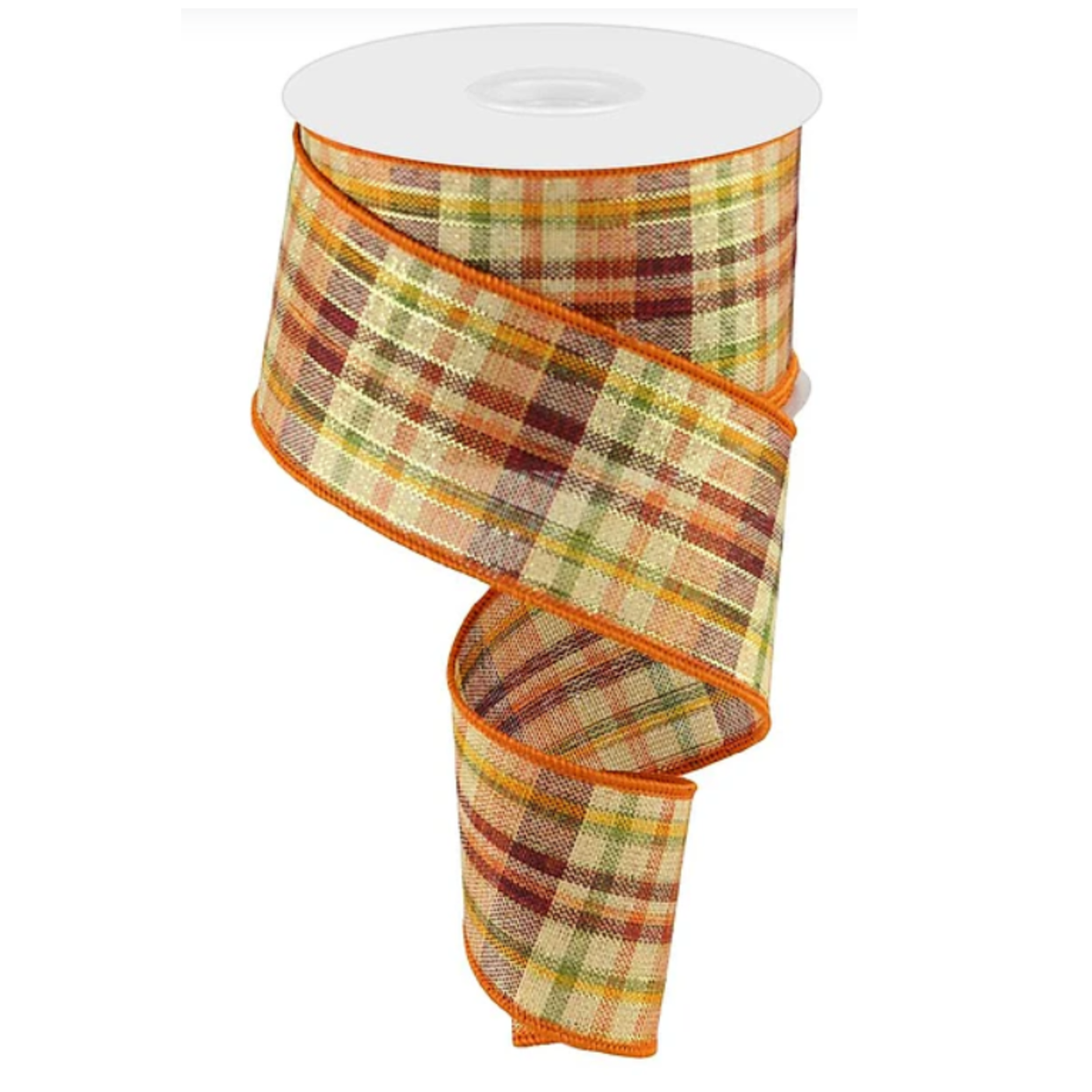 Woven Tan Fall Plaid w/Metallic Thread Wired Ribbon – 2.5" x 10 Yards, Wreath Ribbon