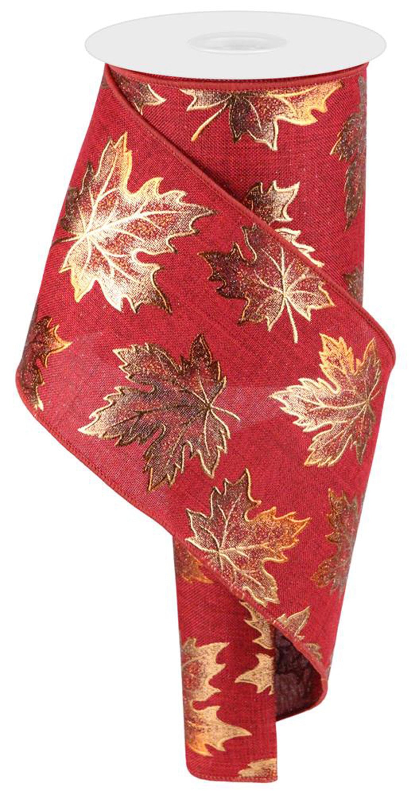 Foil Maple Leaf on Burgundy Back Wired Ribbon by RG Ribbon – 4" x 10 Yards, Fall Wreath Ribbon, Craft Supplies