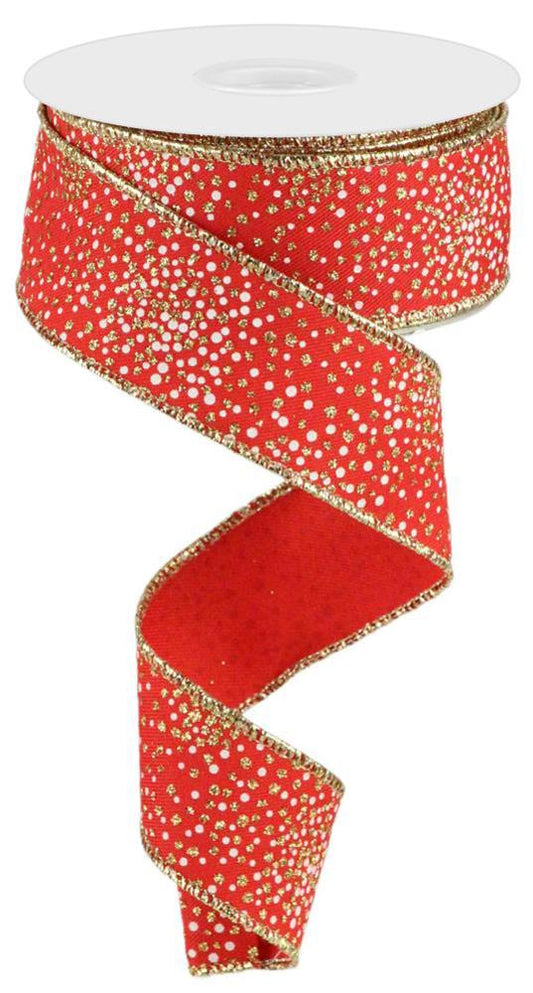 Glitter Dots Diagonal Red Gold Wired Ribbon  – 1.5" x 10 Yards, Holiday Wreath Ribbon,  Craft Supplies