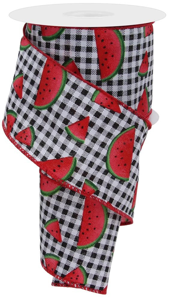 Watermelon Black & White Check Wired Ribbon  – 2.5" x 10 Yards, Summer Wreath Ribbon,  Farmhouse Decor, Craft Supplies