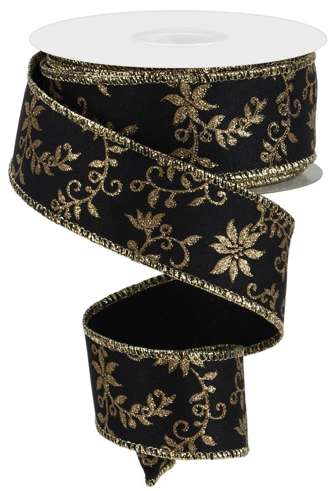 Mini Poinsettia with Swirl Black and Gold Holiday Wired Ribbon  – 1.5" x 10 Yards, Holiday Wreath Ribbon,  Craft Supplies