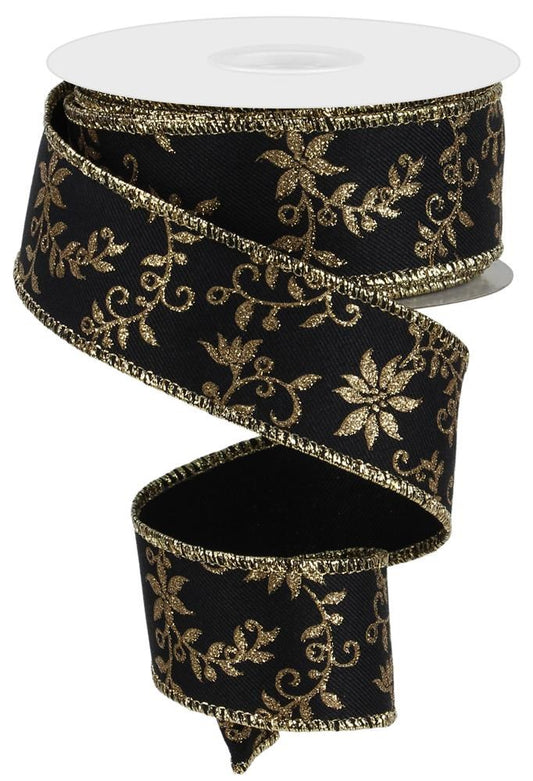 Mini Poinsettia with Swirl Black and Gold Holiday Wired Ribbon  – 1.5" x 10 Yards, Holiday Wreath Ribbon,  Craft Supplies
