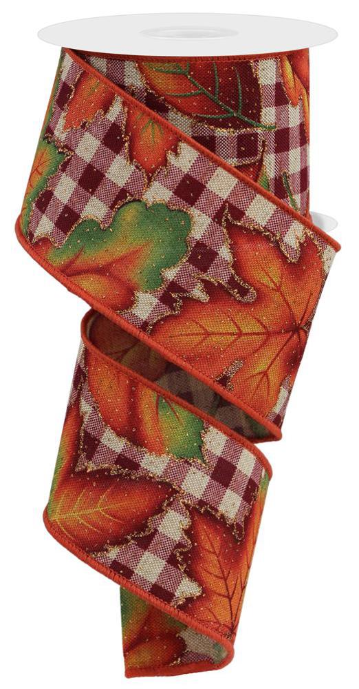 Autumn Leaves Checkered Wired Ribbon – 2.5" x 10 Yards, Halloween Wreath Ribbon, Craft Supplies