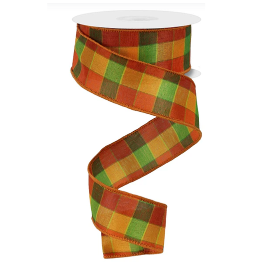 Plaid Check on Royal Orange Yellow Lime Wired Ribbon by RG Ribbon – 1.5" x 10 yards