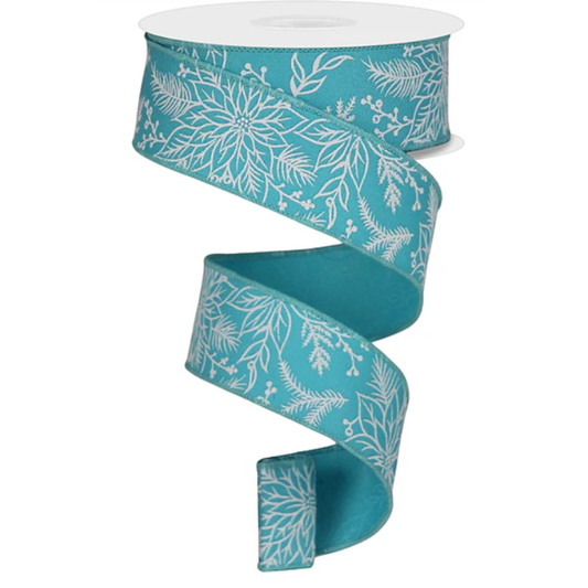 Poinsettia Christmas Foliage Turquoise White Wired Ribbon – 1.5" x 10 yards
