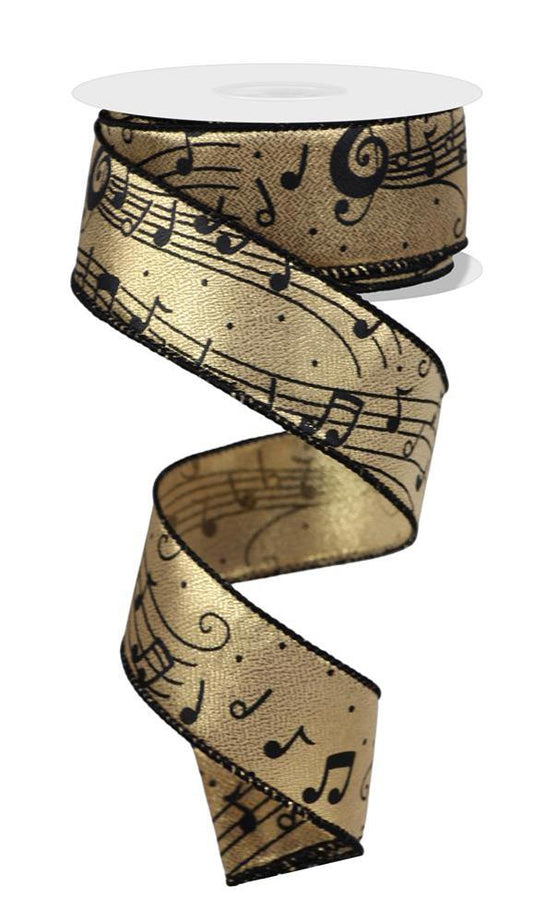 Music Notes on Gold Metallic Wired Ribbon by RG Ribbon – 1.5" x 10 Yards, Holiday Wreath Ribbon,  Craft Supplies