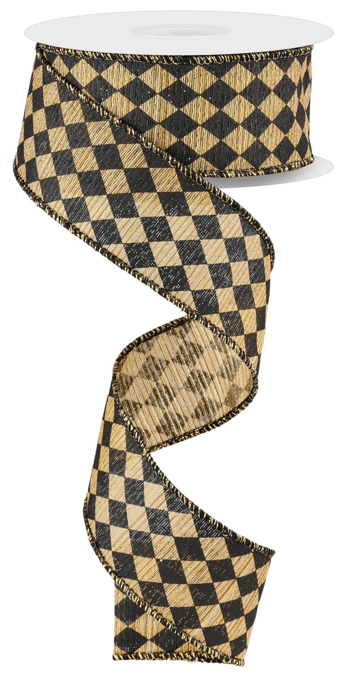 Small Harlequin Gold and Black Metallic Wired Ribbon – 1.5" x 10 Yards, Holiday Wreath Ribbon,  Craft Supplies