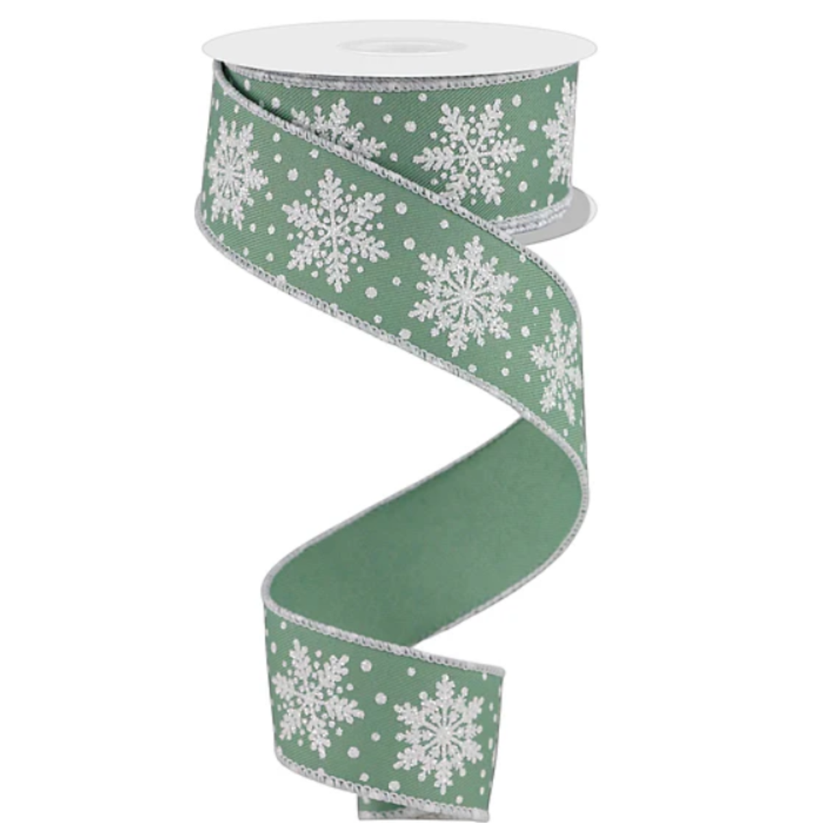 Sparkle Snowflakes Sage White Wired Ribbon – 1.5" x 10 yards