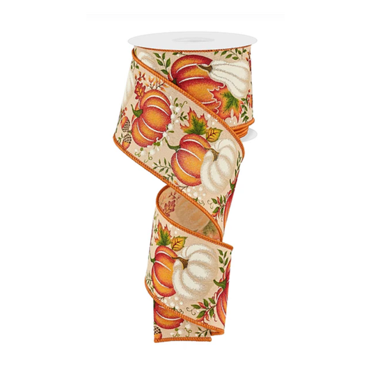 Pumpkin Gourds Leaves Wired Ribbon – 2.5" x 10 Yards, Fall Wreath Ribbon