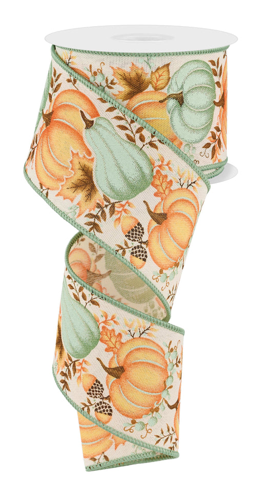 Pumpkin Gourd Leaves Sage Fall Wired Ribbon – 2.5" x 10 Yards, Fall Wreath Ribbon, Craft Supplies