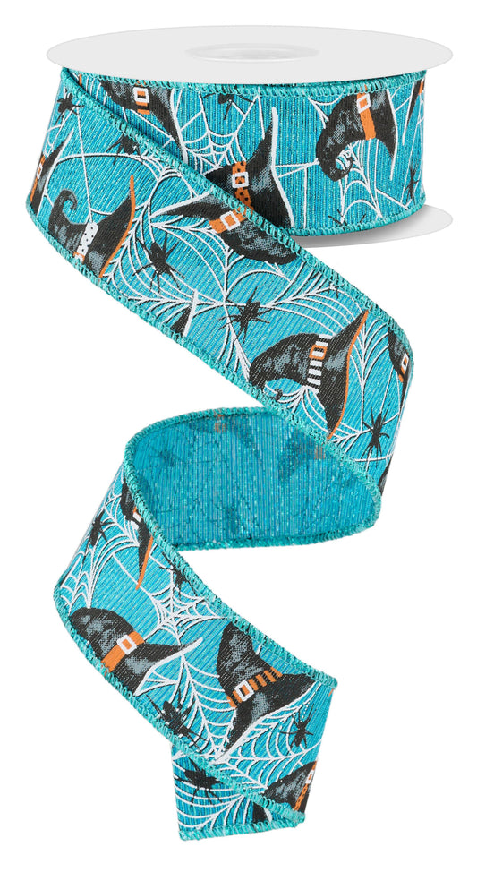 Halloween Blue Witch Hat & Webs Wired Ribbon by RG Ribbon – 1.5" x 10 Yards, Halloween Wreath Ribbon, Craft Supplies, Fall Ribbon
