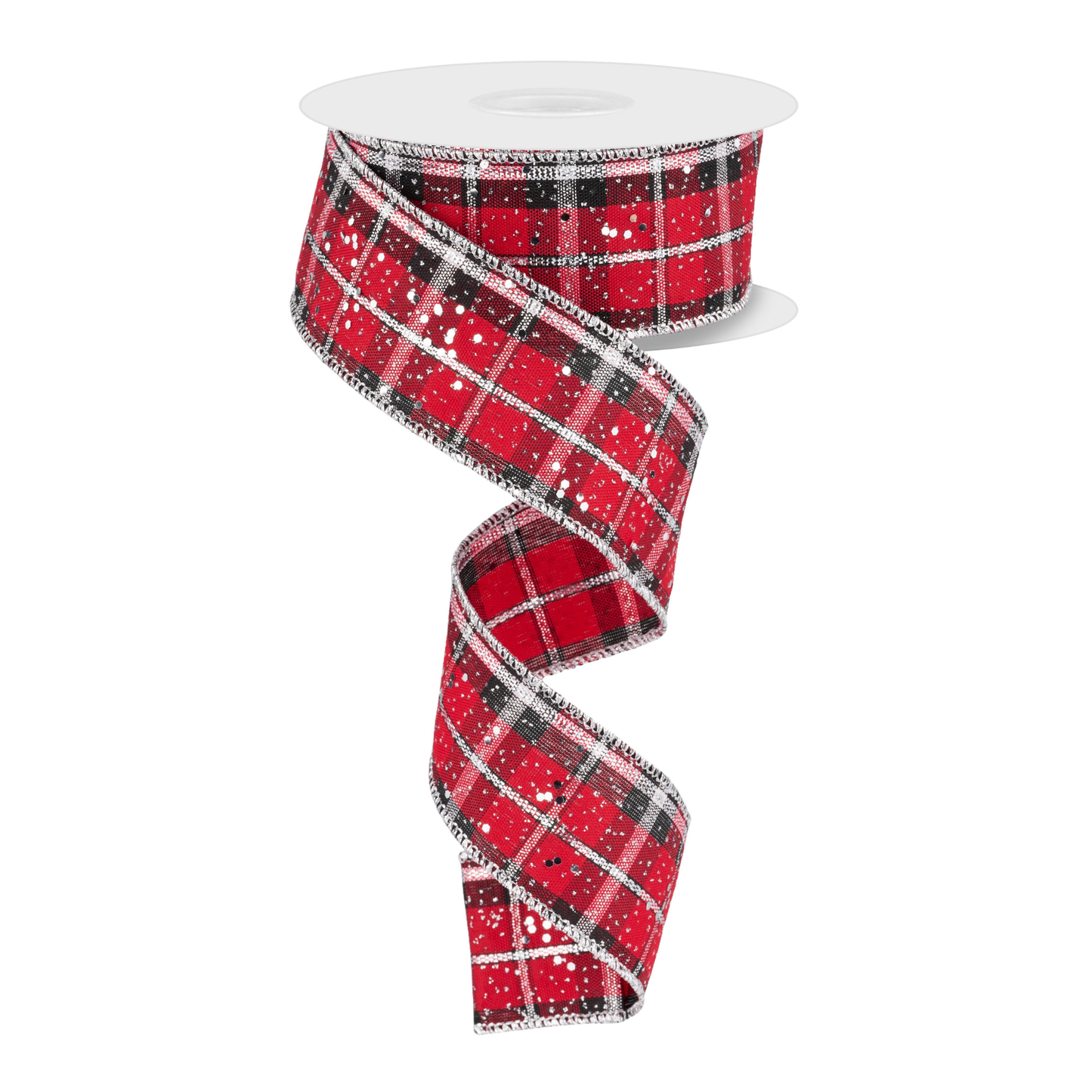 Hex Glitter On Woven Christmas Plaid Wired Ribbon by RG Ribbon – 1.5" x 10 Yards, Wreath Supplies, The Ritzy Cactus