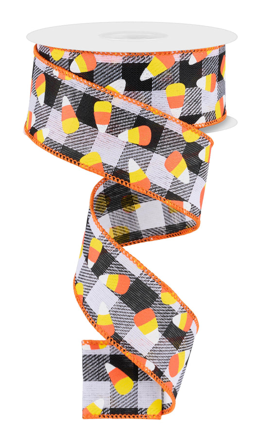 Halloween Buffalo Plaid Candy Corn Wired Ribbon by RG Ribbon – 1.5" x 10 Yards, Halloween Wreath Ribbon, Craft Supplies, Fall Ribbon