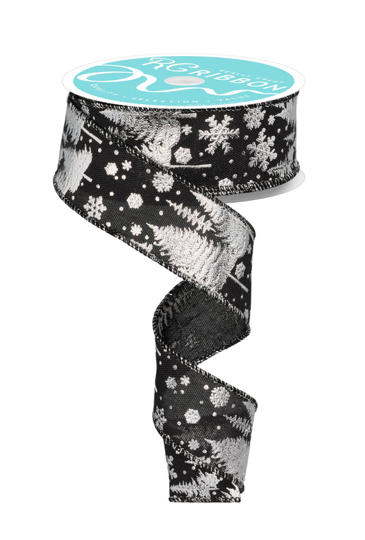Pine Tree and Snowflake Black and White Winter Wired Ribbon – 1.5" x 10 Yards, Holiday Wreath Ribbon,  Craft Supplies