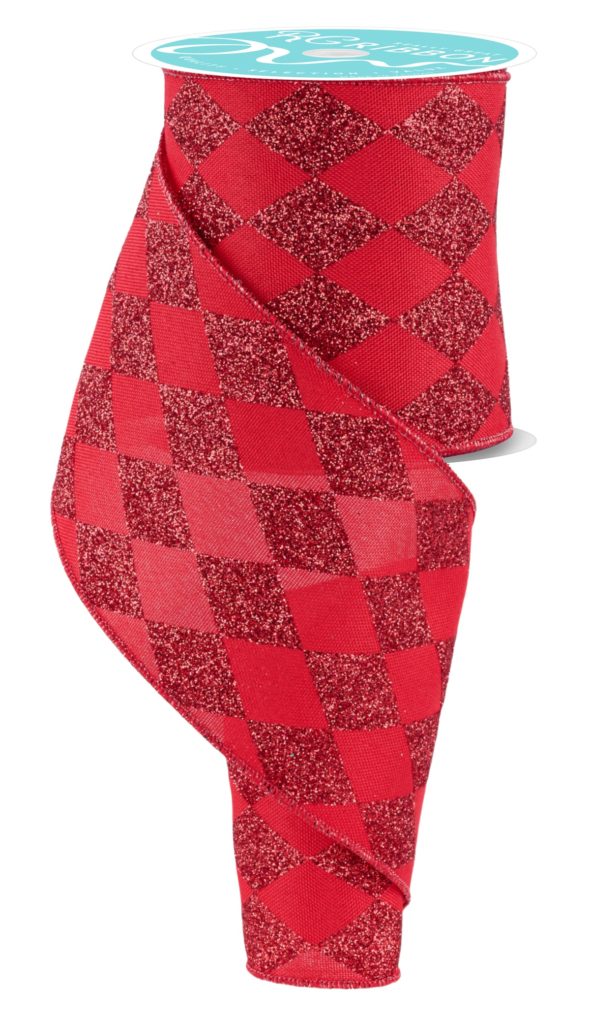 Red Glitter Harlequin Check Wired Ribbon – 4" inch x 10 Yards, Holiday Wreath Ribbon,  Craft Supplies, Winter Ribbon