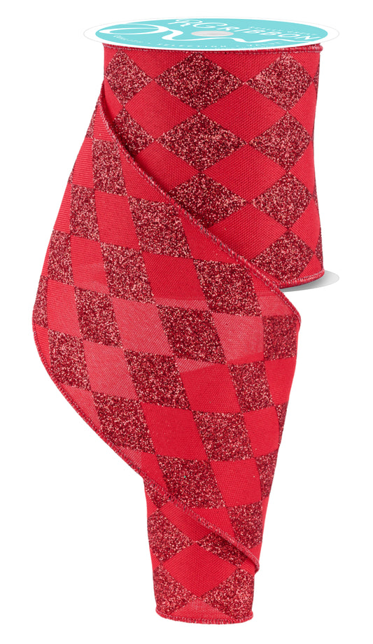 Red Glitter Harlequin Check Wired Ribbon by RG Ribbon – 4" inch x 10 Yards, Holiday Wreath Ribbon,  Craft Supplies, Winter Ribbon