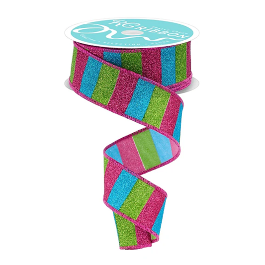 Pink Aqua Green Horizontal Striped Wired Ribbon  – 1.5" x 10 yards