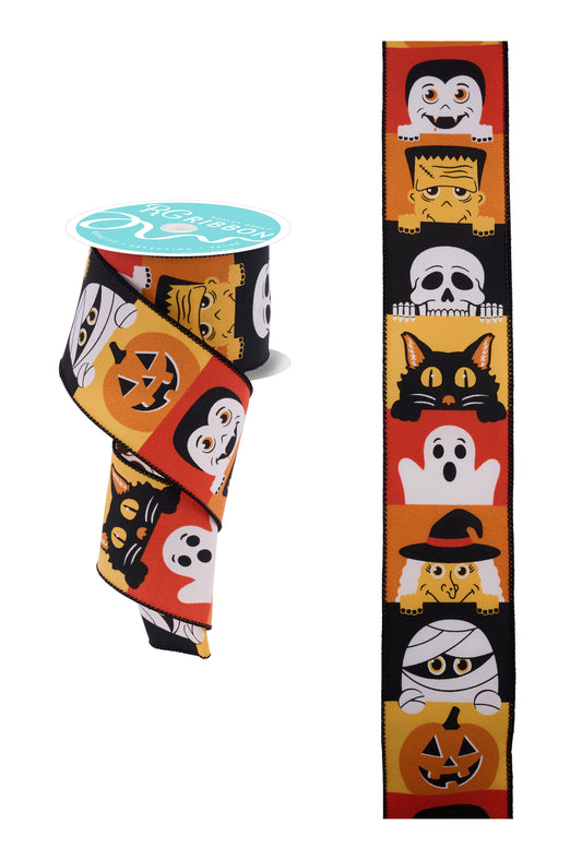 Halloween Peek A Boo Skeleton, Cat, Frankenstein Wired Ribbon by RG Ribbon – 2.5" x 10 Yards, Wreath Ribbon, Craft Supplies, Fall Ribbon