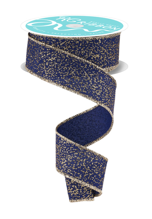 Spotted Glitter Blue Gold Wired Ribbon by RG Ribbon – 1.5" x 10 Yards, Holiday Wreath Ribbon,  Craft Supplies