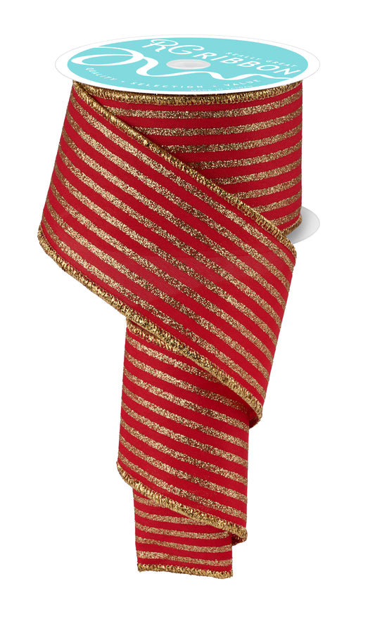 Red and Gold Classic Vertical Stripe  Wired Ribbon by RG Ribbon – 2.5" x 10 Yards, Holiday Wreath Ribbon,  Craft Supplies, Winter Ribbon