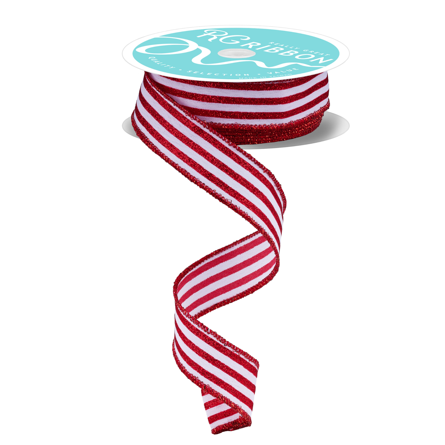 Glittered Vertical Stripe Red White Wired Ribbon by RG Ribbon – 7/8" x 10 Yards, Wreath Ribbon, Craft Supplies, The Ritzy Cactus