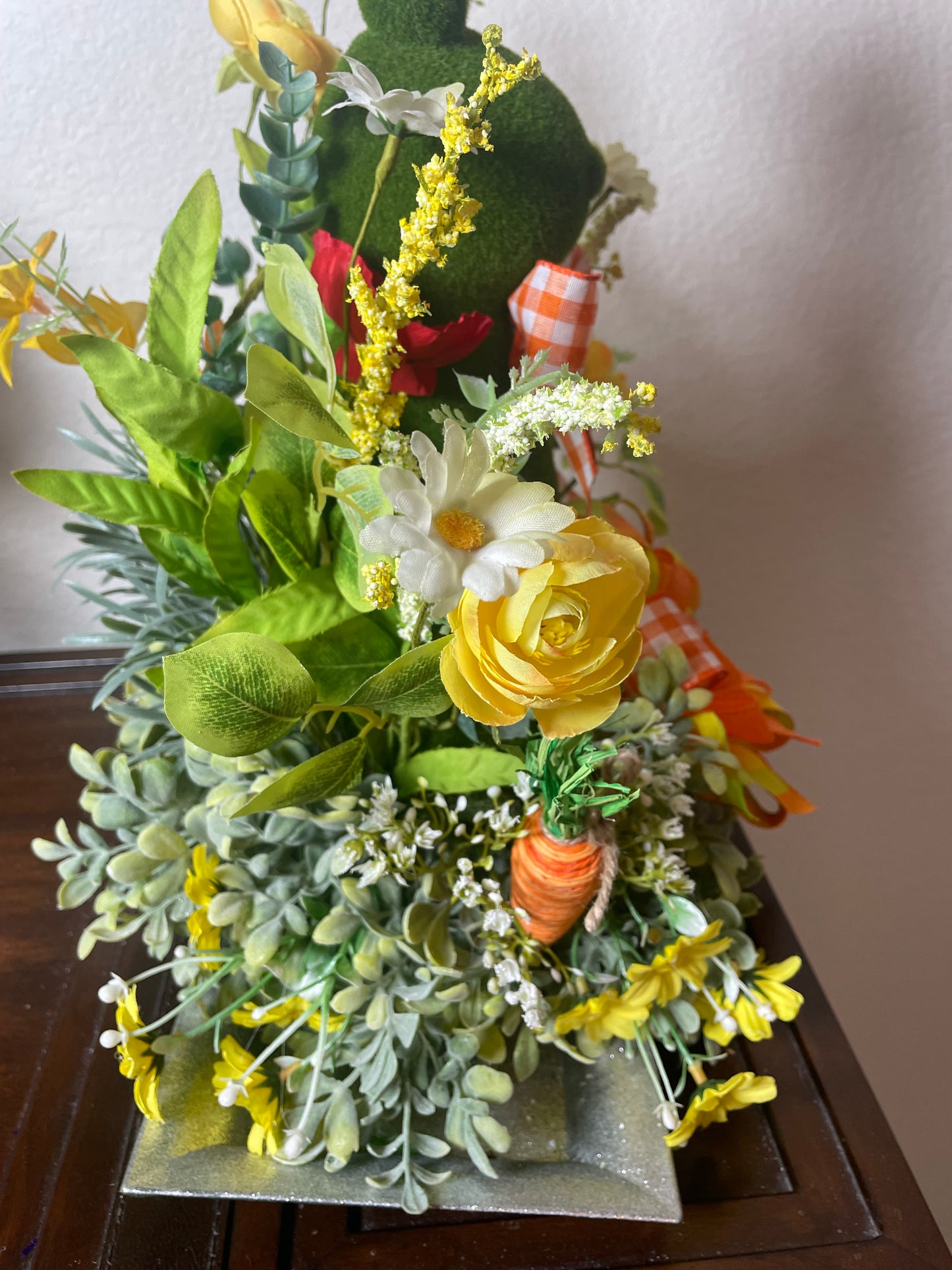 Vibrant Flocked Bunny Floral Arrangement Tabletop Decoration 14x19 Inches - One of a Kind Easter Decor Tabletop Wreath