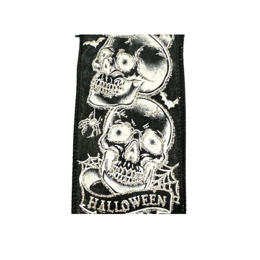 Skeleton Head Halloween Wired Ribbon by JAS Ribbon – 2.5" x 10 Yards, Wreath Ribbon, Craft Supplies, The Ritzy Cactus