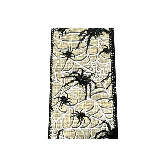 Black Beige Spider Halloween Wired Ribbon by JAS Ribbon – 2.5" x 10 Yards, Wreath Ribbon, Craft Supplies, The Ritzy Cactus