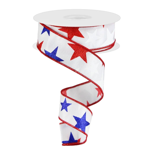 Stars On Satin Patriotic Wreath Ribbon 1.5 Inch x 10 yds Wired RG Ribbon, Craft Supplies, The Ritzy Cactus
