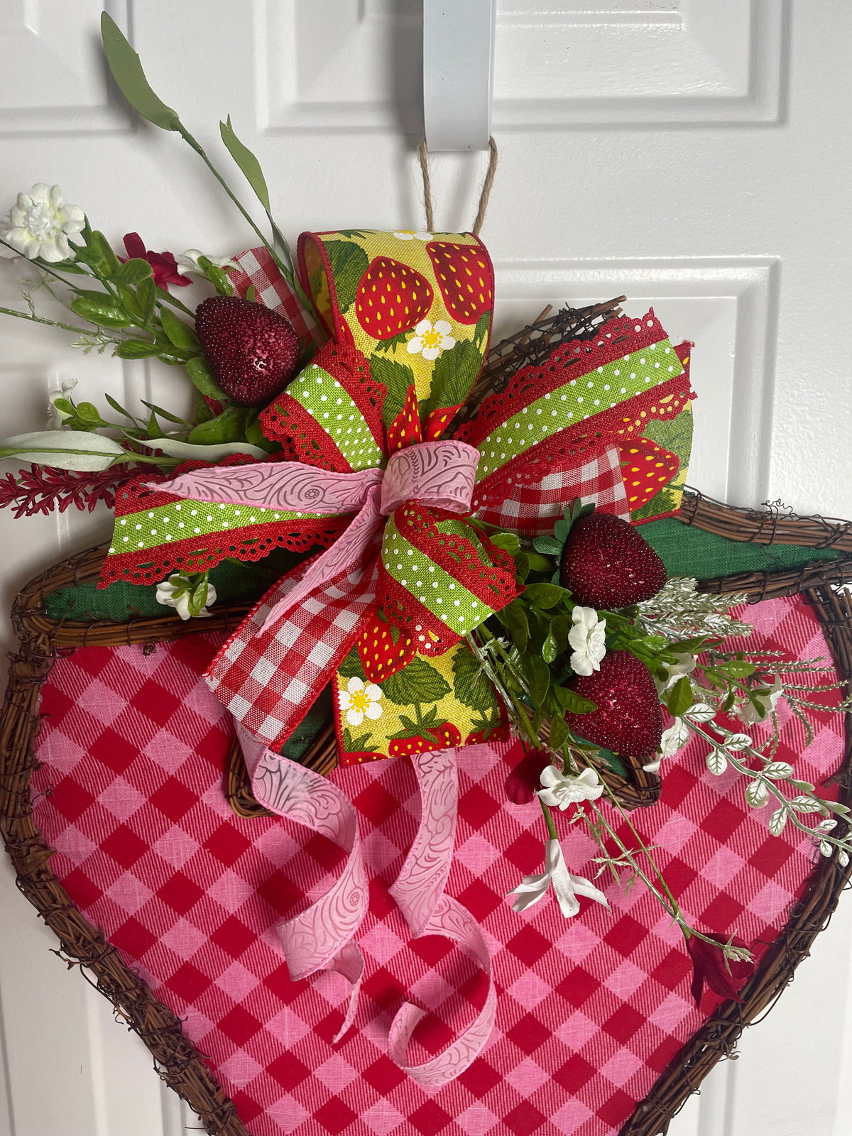 Strawberry Grapevine Fabric Wreath Door Decoration Yellow Ribbon - 14 x 21 Inches – One-of-a-Kind Summer Décor