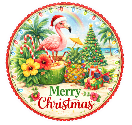 10" Flamingo Tropical Christmas Sign, Metal Wreath Sign, Home Decor, DIY Wreath Supply