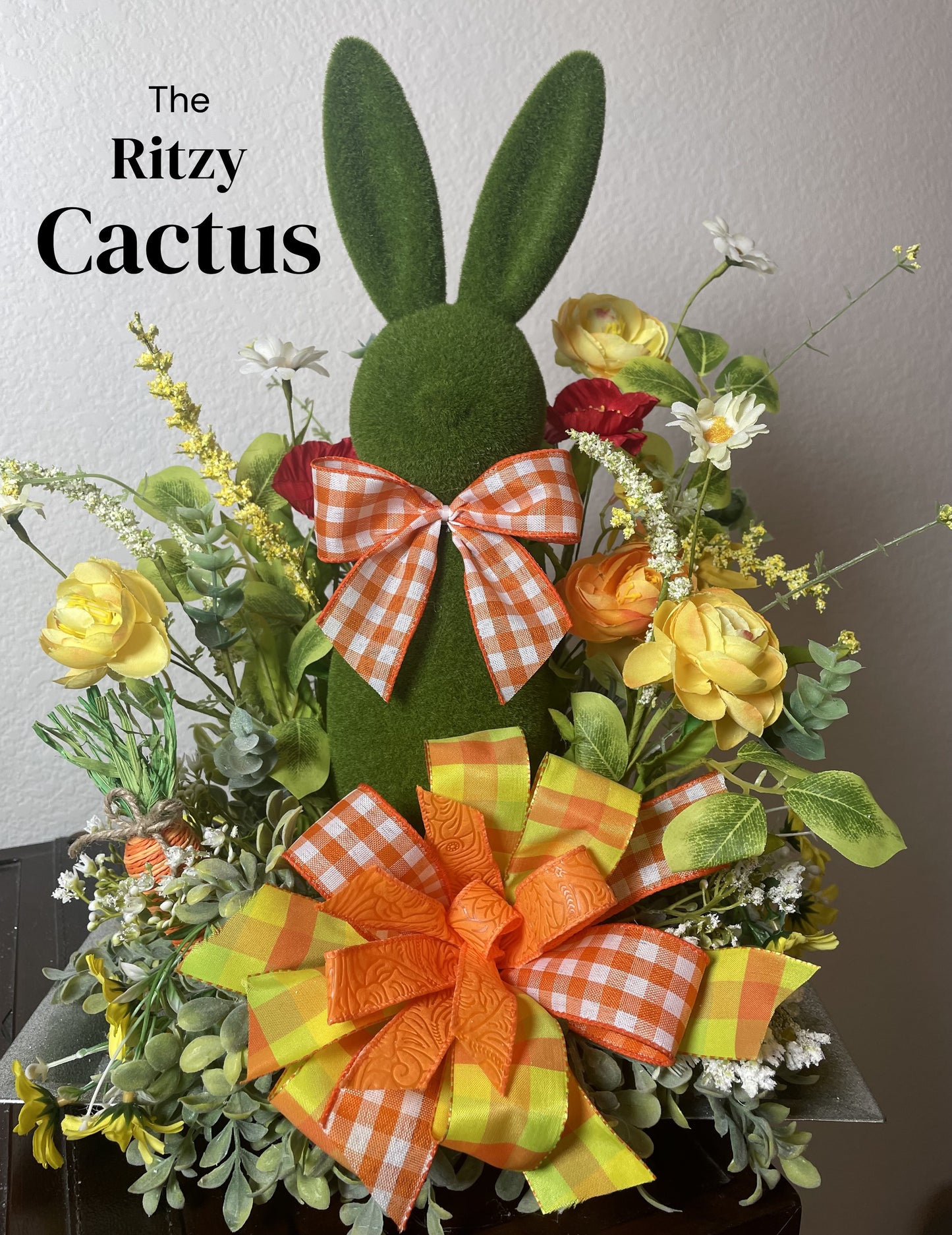 Vibrant Flocked Bunny Floral Arrangement Tabletop Decoration 14x19 Inches - One of a Kind Easter Decor Tabletop Wreath
