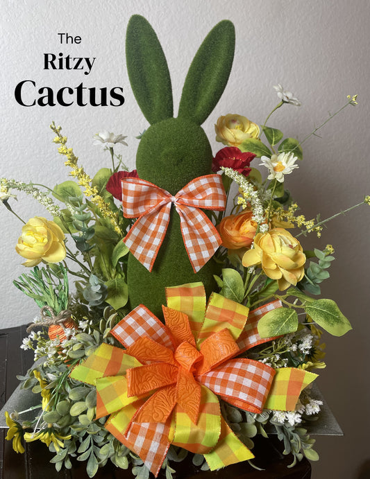 Vibrant Flocked Bunny Floral Arrangement Tabletop Decoration 14x19 Inches - One of a Kind Easter Decor Tabletop Wreath